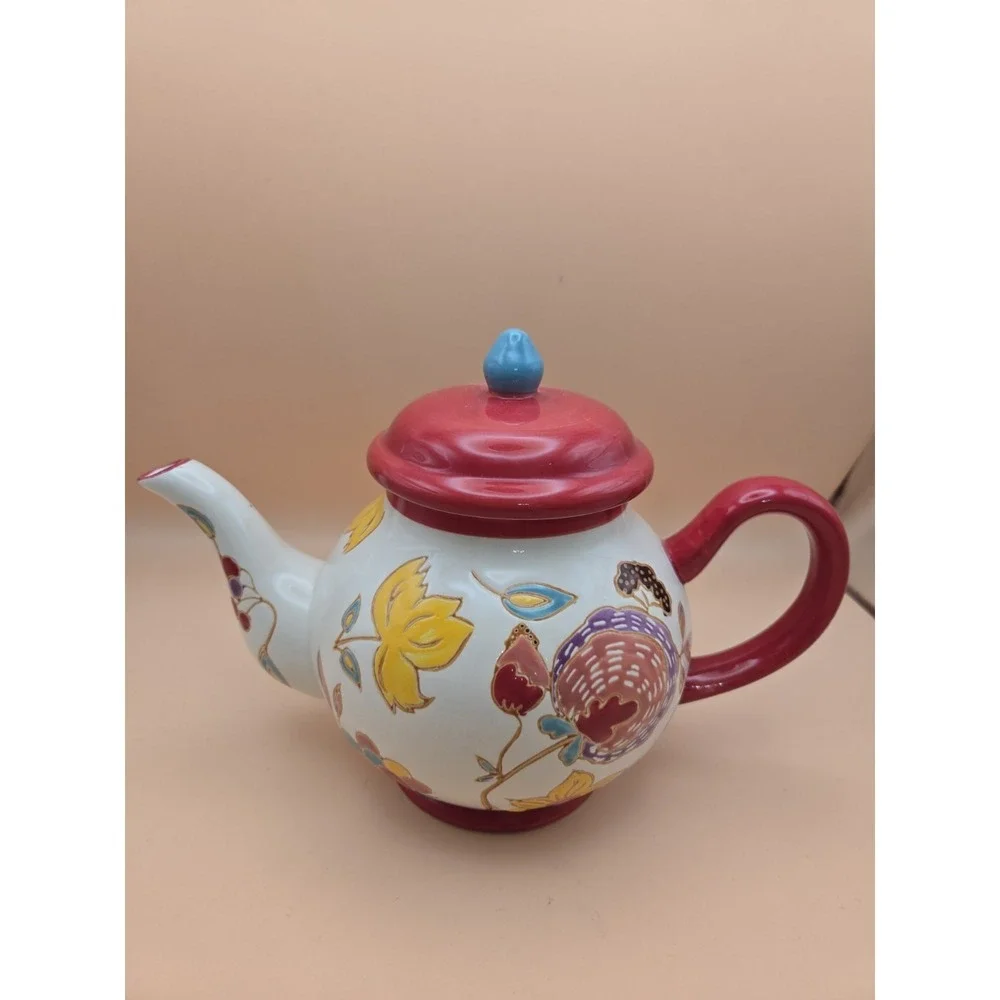 Floral Red TeaPot. Dutch Wax Ceramic with lid. Bright. Colors 7.25